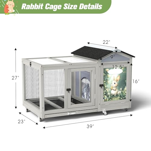 39IN Heated Rabbit Hutch with Wheels (Grey)
