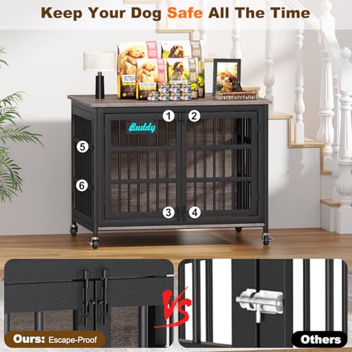 42"/41"/33" XL Dog Crate Furniture with Casters, Heavy Duty Dog Kennel Indoor for Large and Medium Dogs, Double-Doors Sturdy Dog Cage for Anxiety Dog, Decorate House as TV Stand, Bedside Table (42.1"L x 29.3"W x 31.2"H / Grey)