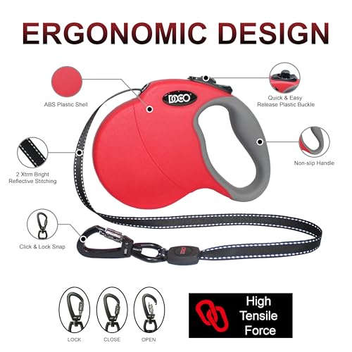 Retractable Dog Leash for Large Dogs Reflective Tape Lead with Stop and Lock Control (Medium 16ft / Black)
