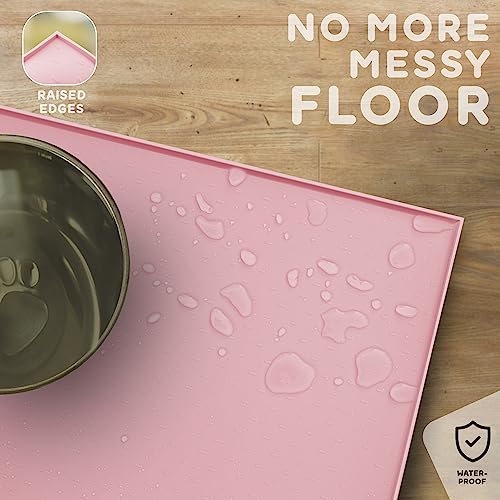 Dog Food Mat Raised Edges Dogs Mat for Food and Water Prevent Spill (18.5" x 11.5" / Pink)