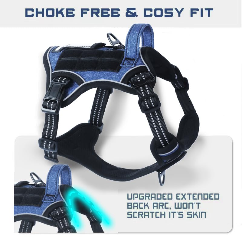 Tactical Dog Harness for Small Dogs No Pull (Denim Blue / S(Neck:13-16", Chest:15-23"))
