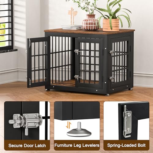 26" Heavy Duty Dog Crate Furniture for Small Dogs (Black + Rustic Brown / 26.0"L x 20.5"W x 22.0"H)