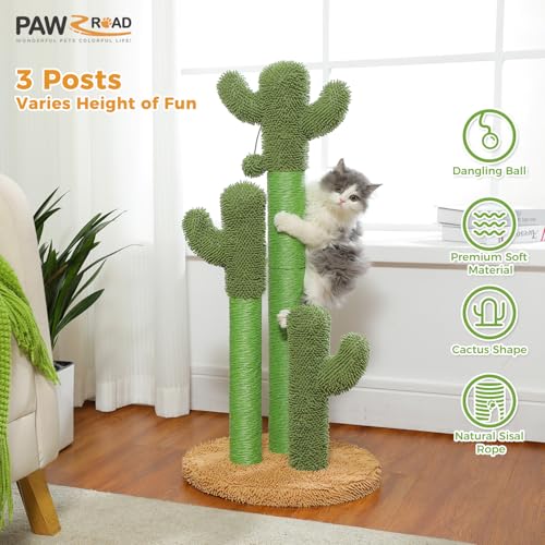 Cactus Cat Scratching Post 35”Cat Scratcher with Toy Ball (Extra Large 35" / Khaki)