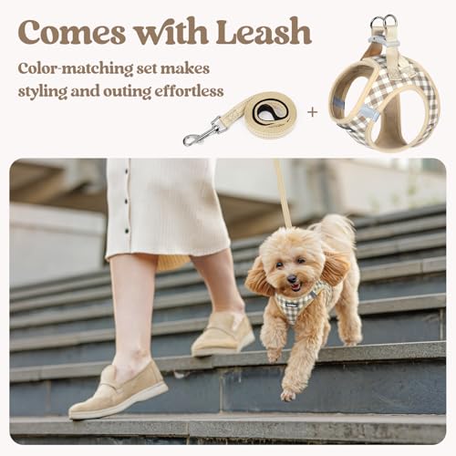 Dog Harness Medium Sized and Leash Set (Beige Check / M (chest: 16 - 18.5"))