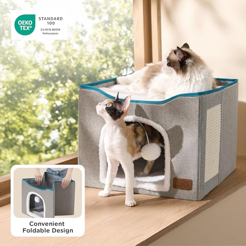 Cat House Bed for Indoor Cats with Fluffy Ball and Scratch Pad (Blue / Single)