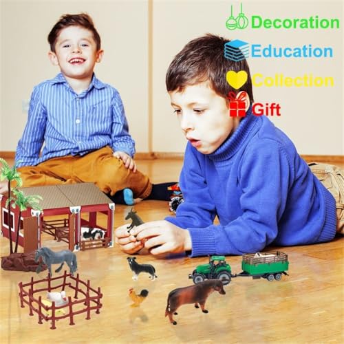 66PCS Mini Farm Animal Barn Toy with Tractor Trailer Fence for Kids Ages 3+ (Farm Animals Toys)