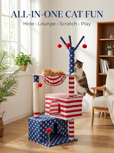 American Flag Cat Tree for Kittens & Senior Cats (Patriotic Red White & Blue / 45 inches)