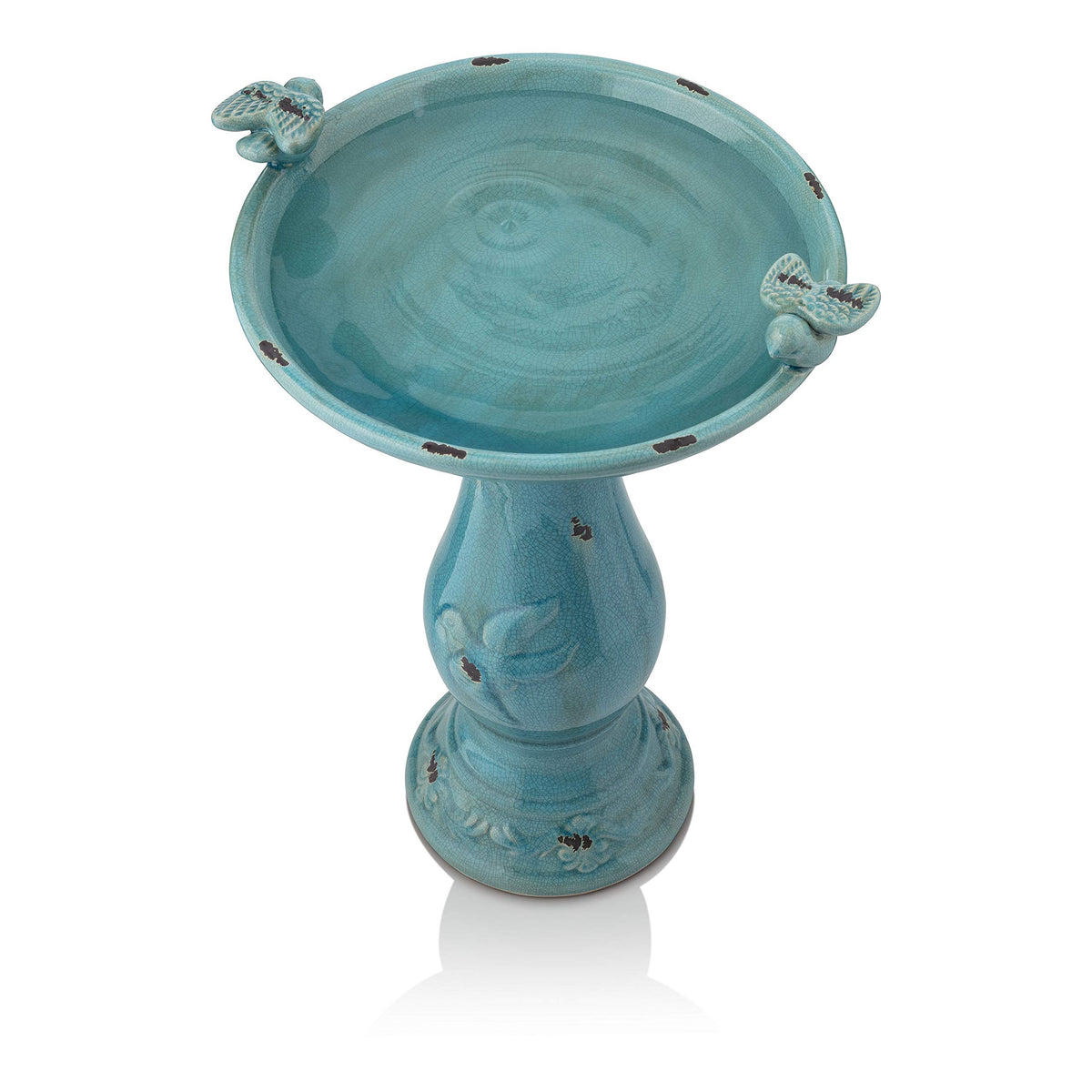 25" Tall Outdoor Ceramic Antique Pedestal Birdbath with 2 Bird Figurines (Turquoise)