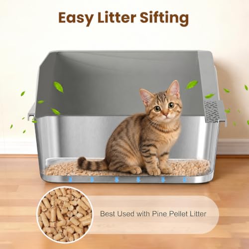 Stainless Steel Sifting Litter Box for Pine Pellets (【S】17.7" x 13.8" x 11")