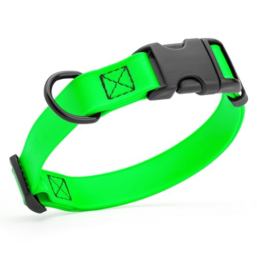 Biothane Waterproof Dog Collar with Quick Release Buckle Strong Coated Nylon Webbing with Odor (5/8"W by 10-14"L / Tropical Green)