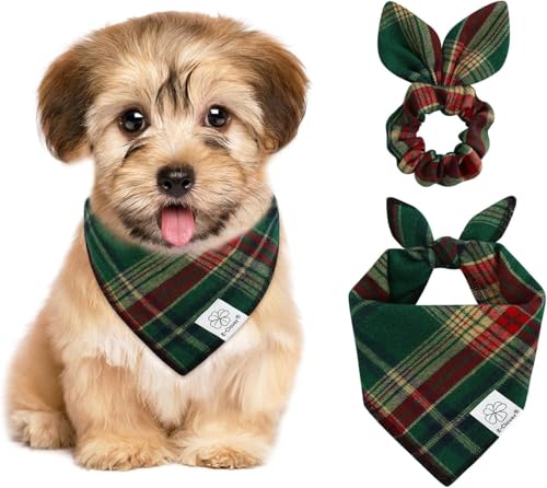 Christmas Dog Bandana & Matching Scrunchie Green Red Plaid Pet Dog Scarf Cute Dogs Costumes Accessories for Small Medium Large Dogs (green red plaid / Small-set of 1)
