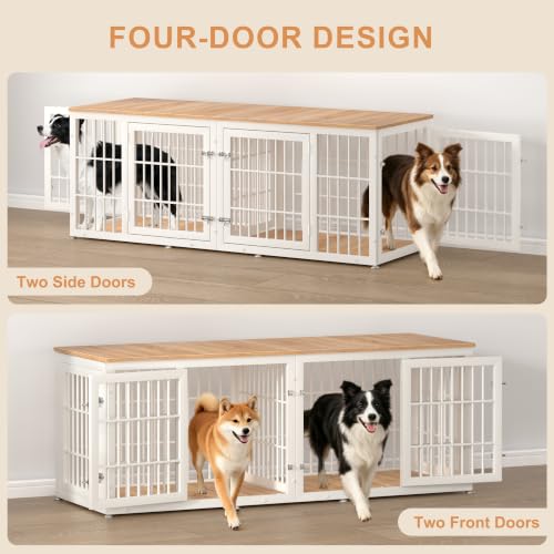 72" Heavy Duty Double Dog Crate Furniture for Large (White + Natural / 72.8"L x 25.6"W x 27.5"H)
