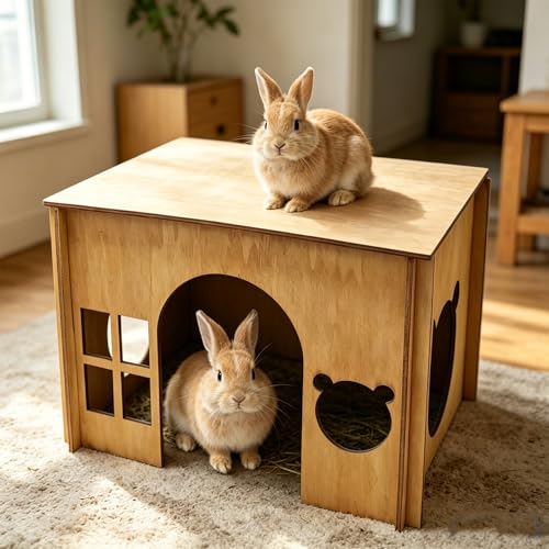 Large Sturdy Wooden Rabbit Castle Hideout with Spacious Balcony (Brown Style 2 / Large)