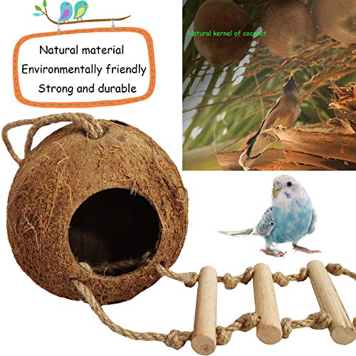 5PCS Bird Hides Coconut Nest with Ladder Perches Hanging Parrot House Cage Natural Coconut Fiber Parakeet Chewing Toys Intelligence Training Rings for Small Budgies Cockatiels