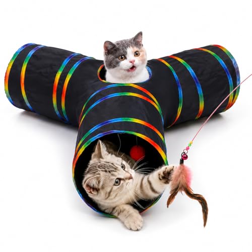 Cat Tunnels Tube Toy with Plush Ball & Cat Wand Feather Toys (1 Pack - 3-Way Tunnel / Black)