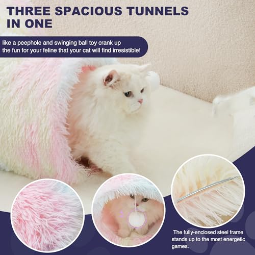 Plush Pet Cat Tunnel Tube Cat Toys 3 Way Collapsible (Plush Rainbow / Small)
