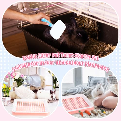 19 Pcs Rabbit Starter Kit Small Bunny Litter Box Rabbit Grooming Kit Water Bottle Bunny Toys Hay Feeder Bowl Blankets with Cleaning Set for Guinea Pig Accessories (Pink-white / Strawberry Bear)
