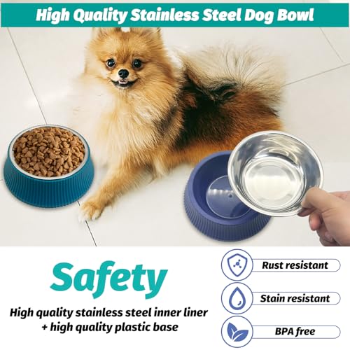 2PCS Stainless Steel Dog Bowls Set Removable no tip Puppy Food and Water Feeder Bowl Basic Metal Small Dog Bowls for Dogs Cats Rabbit Guinea Pigs Ferret (2 PCS / Roman Column (Blue, Green))