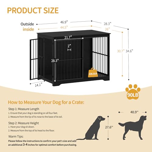46.9" XXL Dog Crate Furniture Indoor Dog Kennel with Barn Door (46.9"L x 28.3"W x 34.6"H / Black)