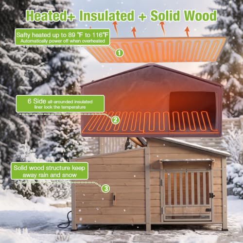 Heated Dog House Outdoor with Heated Pad 60" Extra Large Dog Kennel with Chew
