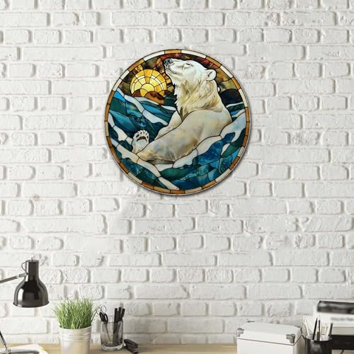 Metal Sign Tin Sign Circular Stained Glass Polar Bear Boho Decorations For Home For Gift 8×8 Inches (8×8 Inches / Polar Bear-1)