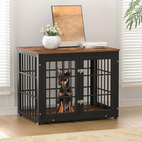 32" Heavy Duty Dog Crate Furniture for Small and Medium Dogs (Black + Rustic Brown / 32.7"L x 23.6"W x 26.2"H)