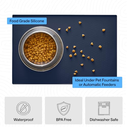 Dog Food Mat 100% Waterproof Silicone (Navy / 18.5"l X 11.5"w)