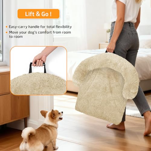 Calming Dog Bed Fluffy Plush Dog Mat for Furniture Protector with Removable Washable Cover for Large Medium Small Dogs and Cats (Beige / 41.0"L x 37.0"W x 6.0"Th)