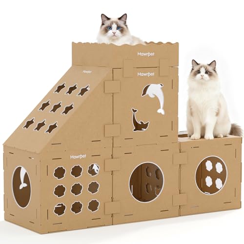 DIY Cardboard Cat House with Scratching Pad (Kraft Brown / 4 Boxes + 1 Roof + 1 Triangular + 4 Scratchers)