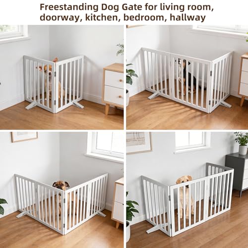 Freestanding Indoor Dog Gate for House Foldable Wood White Puppy Gate for Doorways Pet Gate for Stairs Extra Wide Pet Fence 24" Height 2 Panels (White / 【2 Panels】40''w x 24''h)