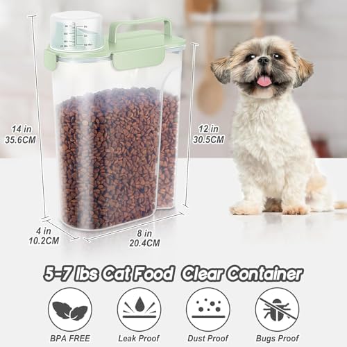 10 20Lbs Portable Cat Dog Food Storage Container with Upgraded Large Spout and Cup Dispenser for Small Large Animal Kibble (Light Pink + Light Blue + Light Green / 5L-3pack)