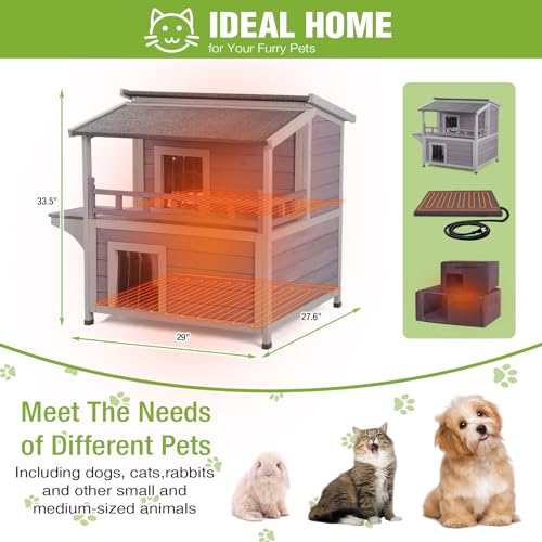 2 Story Heated Cat House Outdoor Insulated Cat House Weatherproof Feral Cat Shelter with Safe Heating Pad