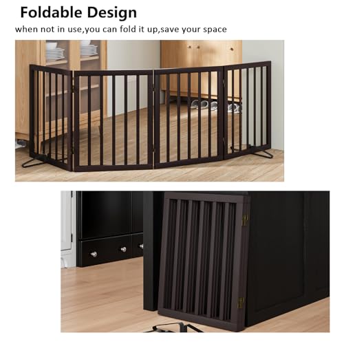 Wooden Dog Gate Freestanding Foldable 4 Panel Pet Gates Extra Wide Dog Gates for Indoor Doorways Stairs 24in Height Support Feet Included (Espresso / 4 Panel - 74 inches Wide)