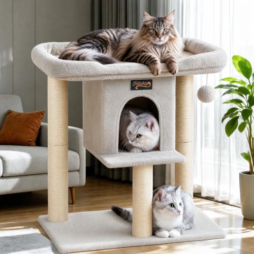 Cat Tree Tower Scratching Post for Indoor Large Adult Cats with Perch Bed (Light Grey / 28 Inches)