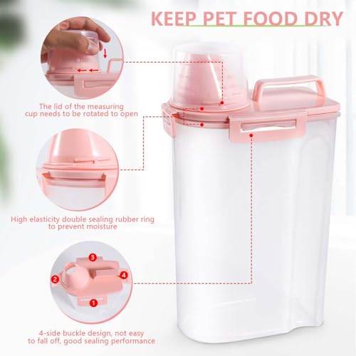 Pet Food Storage Container Bin 2.5 lb Portable BPA Free Cat Dog Food Storage Container Dispenser with Measuring Cup and Seal Buckle for Small Animal Kibble Bird Seed Oatmeal Rice Flour (pink)