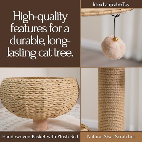 3 Level Handwoven Paper Rope Cat Basket Bed and Perch with Scratching Post (Light Brown)