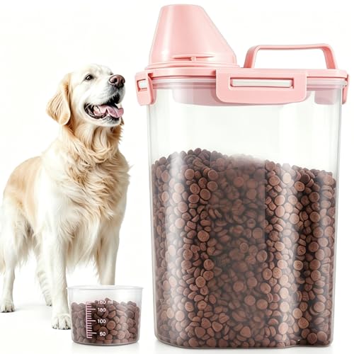 Pet Food Storage Container Bin 2.5 lb Portable BPA Free Cat Dog Food Storage Container Dispenser with Measuring Cup and Seal Buckle for Small Animal Kibble Bird Seed Oatmeal Rice Flour (pink)