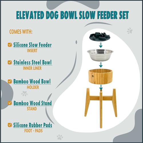 Slow Feeder Dog Bowl for Large Dogs (Height: 12", Slow Feeder Bowl: 8" / Bamboo-SF12)