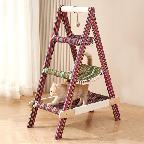 3 Tier Modern Boho Style A Frame Wooden Cat Tree Tower Ladder with Multi (Boho)