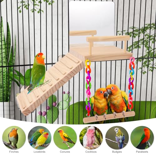 Bird Perch Platform Bird Toys with Bird Mirror Climbing Ladder Swing