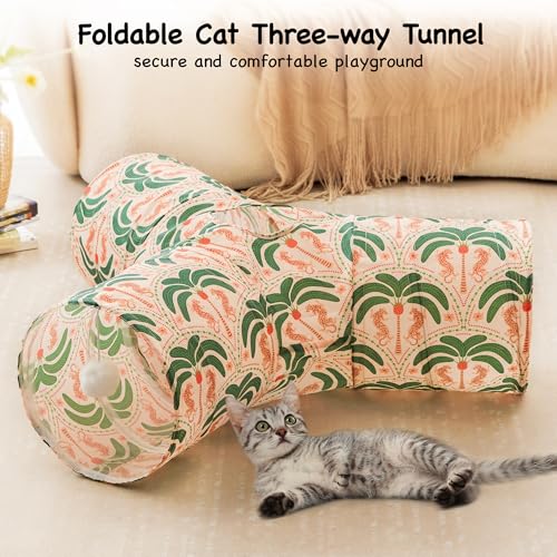 Cat Tunnel, 3-Way Collapsible Toy for Indoor Cats, Coconut (Khaki Coconut Tree / Small)