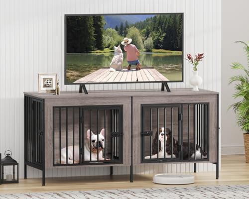 55.12" Dog Crate Furniture for 1 or 2 Dogs (Oak Grey / 55.12"L x 20.47"W x 26.18"H)