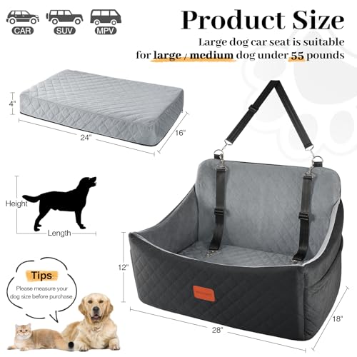 Dog Car Seat for Medium & Large Dogs Up to 55lbs (Black/Grey / Large)