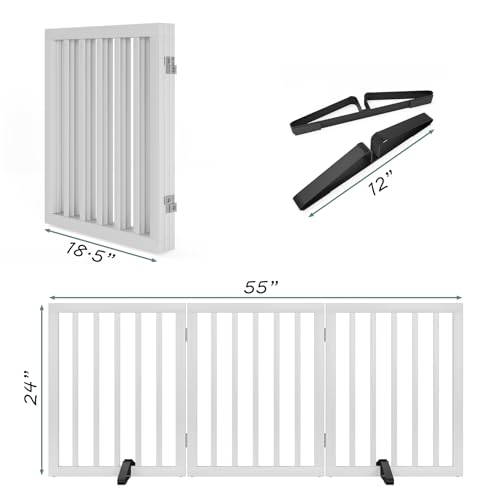 Dog Gates for The House Freestanding Foldable Pet Gates for Doorways 3 Panels 24'' Tall with 2PCS Support Feet Wooden White Dog Gate for Stairs (White / 3 Panel - 55 inches Wide)