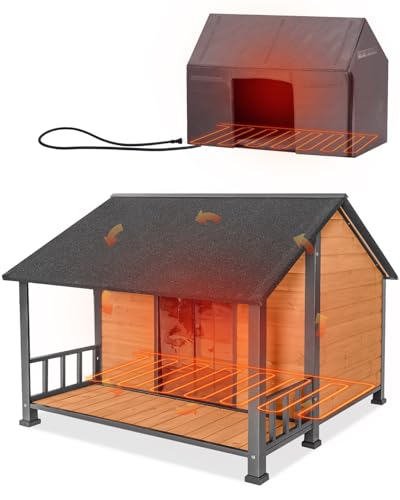 Heated Dog House Outdoor with Proch Weatherproof Dog Kennel with Heating Pad and Anti