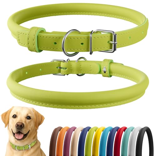 Tangle Free Rolled Leather Dog Collar (Lime Green / XXL)