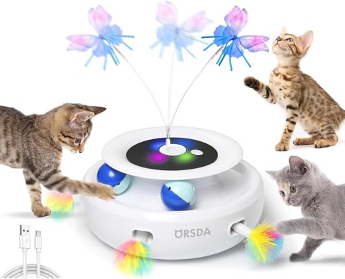 Cat Toy, 3-in-1 Automatic Interactive Electronic Moving Ambush Feather, Fluttering Butterfly, Track Balls, USB Rechargeable Powered Smart Indoor Exercise Kicker (White)