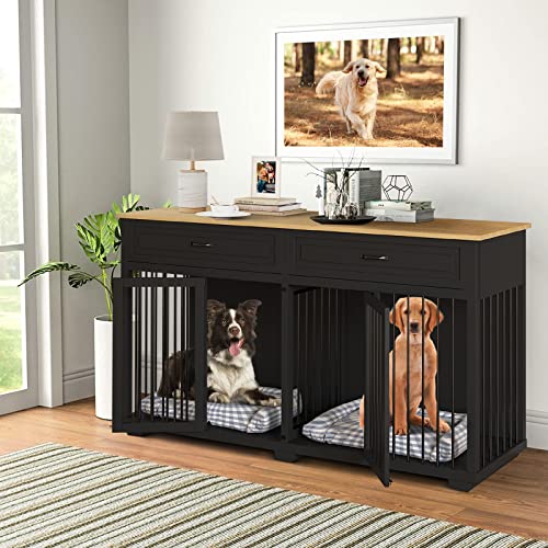 Large Dog Crate with Double Rooms (72.4"L x 23.6"W x 34.1"H / Black)