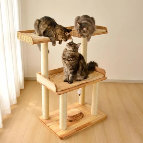 Modern Natural Real Wood Large Cat Tree with Extra Large Platform Perch for Indoor Cats Maine Coon (F)