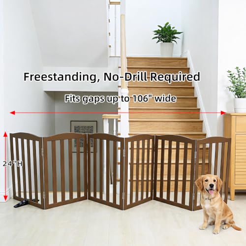 Foldable Freestanding Indoor Dog Gate for House Wood Long Pet Gates Dog Fence for Stairs Puppy Gates for Hallways (Brown / 【6 Panels】120''w X 24''h)